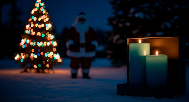 Santa Claus standing beside illuminated Christmas tree in snow  