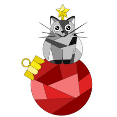 Modern vector Christmas art. Vector illustration of cute geometric cat on the Christmas ball isolated transparent background. Modern abstract XMAS poster greeting card cover print. EPS 10
