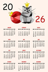 Modern 2026 Calendar. Vector illustration of fun vertical 2026 new year Calendar cover. 2026 Calendar with cute Christmas Cat template design. EPS 10