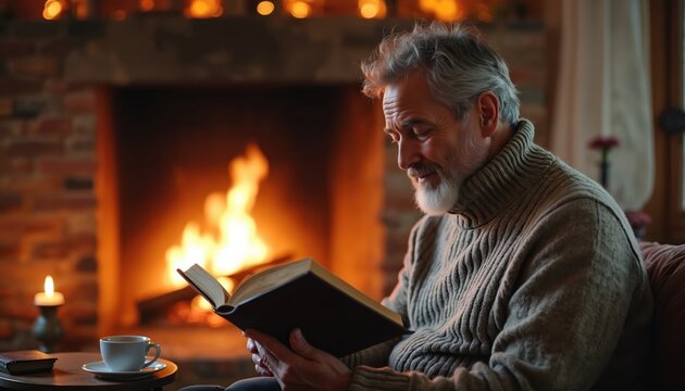 Grey bearded senior man reads book, smiling by cozy fireplace. He wears warm knitted sweater, enjoying calm, peaceful evening at home. Lit candle, hot cup are on table, creating comfort, relaxation. - Powered by Adobe
