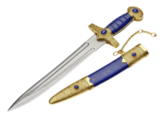 Isolated ornate antique lapis lazuli dagger with gold accents, historic weapon and sheath