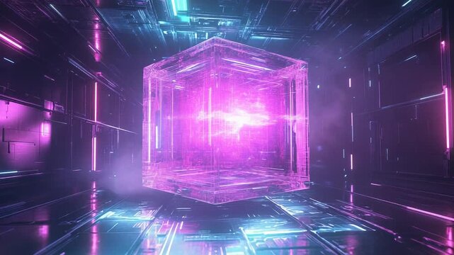 Glowing cube floating in futuristic data server room