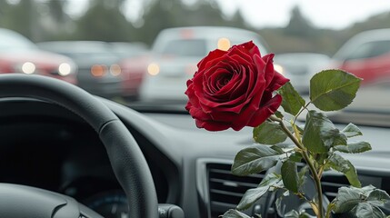Close-up of a red rose on a car steering wheel creates a romantic atmosphere for Valentine's Day with a vintage color tone and professional lighting