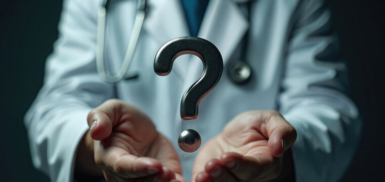 Doctor in white lab coat with stethoscope holds large metal question mark above open hands. Medical worker presents symbol of health uncertainty. Healthcare pro ponders patient problems, difficult