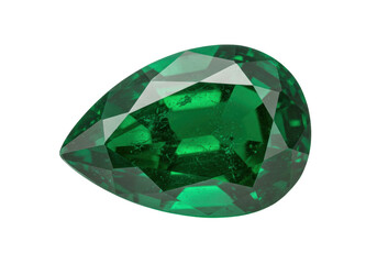 Isolated green teardrop stone with facets, gem for jewelry setting, jewel, pear-shaped fancy cut