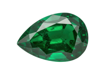 Isolated green teardrop stone with facets, gem for jewelry setting, jewel, pear-shaped fancy cut