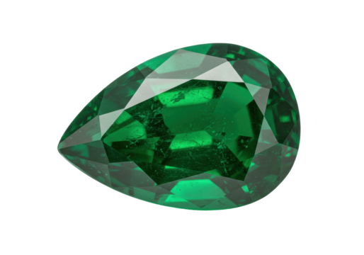 Isolated green teardrop stone with facets, gem for jewelry setting, jewel, pear-shaped fancy cut