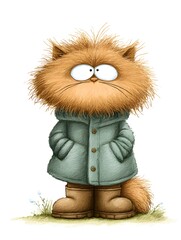 Funny fluffy cat in winter coat and boots, cartoon illustration of cute animal character with big eyes, cozy humor art for children design