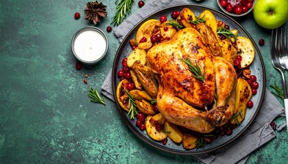 Christmas roasted chicken with apples, potatoes, cranberries, sauce and herbs on large plate on green marble background