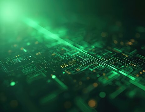Green circuit board features glowing lines, tiny components. Tech pattern suggests digital data flow computer blueprint. Abstract illustration representing modern science, electronic connections.