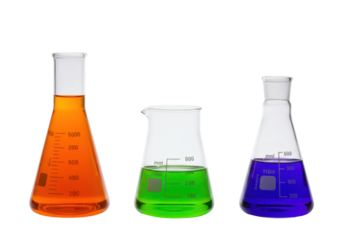 Isolated Erlenmeyer flasks filled with colorful solutions, science equipment for chemical experiments