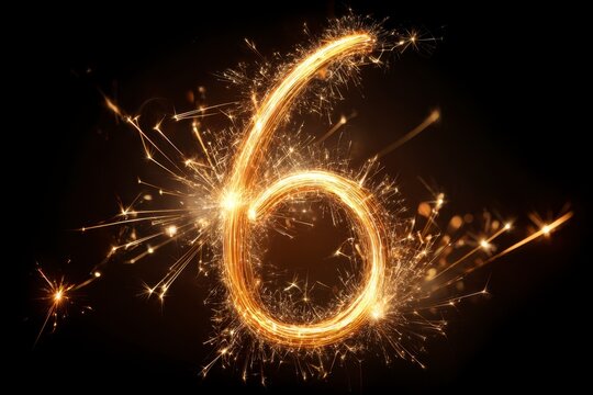Glowing Sparkler Number Six with Golden Sparks on Black Background - Powered by Adobe
