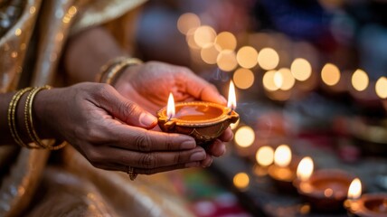 Close-up of hands lighting up a traditional Diwali diya, with blurred highlights of the side in the background, during sunset.