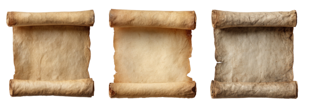 Three aged, rolled parchment scrolls, different shades, isolated
