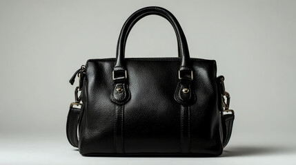 Fototapeta premium A black leather handbag, isolated against a white background. This detailed photograph was taken using professional photography techniques, including a high-quality lens, sharp focus,
