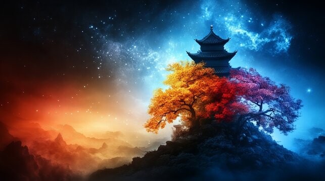 Pagoda sits atop a hill near trees with orange and red leaves under a vibrant starlit sky.