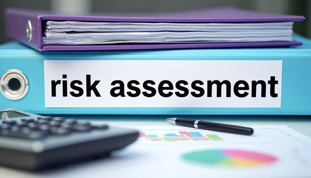 Risk assessment text on blue folder with purple binder stack. Calculator, pen, financial charts show business analysis. Image financial planning, hazard evaluation, strategic management.