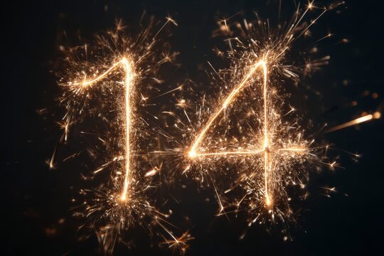 Artistic Number 14 Created with Sparkler Fireworks on Dark Background