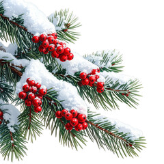 Snow-covered pine twig, isolated on white and transparent background