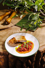 A plate holds two pieces of toasted bread alongside a vibrant mix of tomato sauce and fresh herbs. Olive branches add a natural touch to the rustic wooden setting.