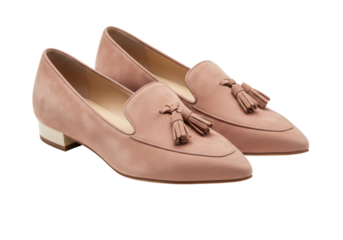 Isolated pair of rose-colored suede loafers with gold heels, elegant feminine footwear design