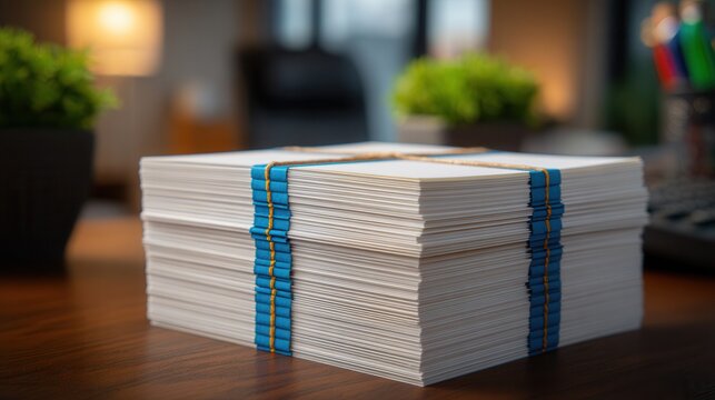 Neatly stacked unbound documents secured with vibrant blue and orange bands on a warm wooden desk ready for processing business tasks