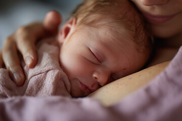 Tender newborn sleeping against mother's chest in soft pink blanket, close-up of baby skin, bonding, warmth and maternal love in serene moment