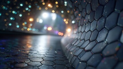 Immersive abstract tunnel with glowing bokeh lights and futuristic hexagonal texture, creating a sense of mystery and wonder