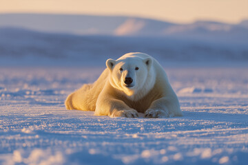 Majestic polar bear resting on Arctic sea ice at golden hour, close-up wildlife portrait in serene snowy tundra landscape