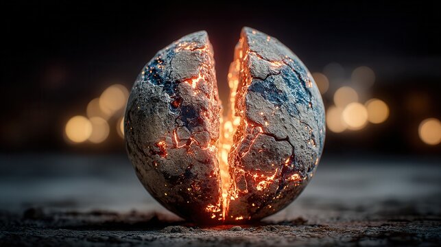 Dynamic cracked sphere glowing with intense internal fire and cosmic dust, symbolizing creation, energy, and transformation in a dramatic, dark setting.