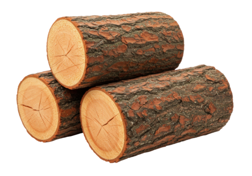 Isolated stack of firewood logs, close-up cross-section wood, a renewable energy source
