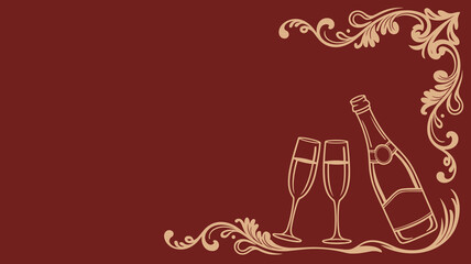 Champagne bottle and glasses with gold elegant decoration on burgundy background, empty area for text