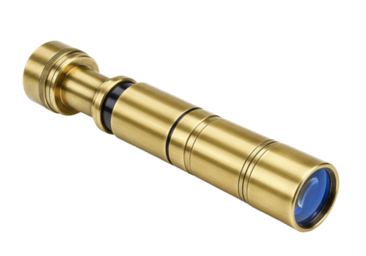 Isolated golden spyglass on seamless background, elegant monocular, travel and observation device
