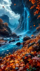 Autumn landscape with falling leaves and waterfall