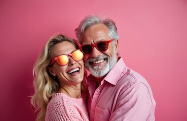 Mature couple wearing red sunglasses, smiling and embracing each other. Woman has long blonde hair and pink knit top. Man has grey hair and beard, pink shirt. Pink background.