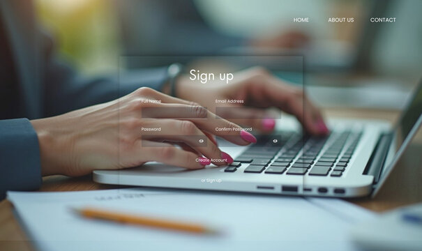 Businesswoman Typing on Laptop over Website Sign Up Page Interface
