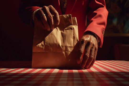 Cinematic low-light scene of hands in a red jacket setting a crumpled brown paper bag on a vintage red gingham tablecloth — mysterious takeout moment