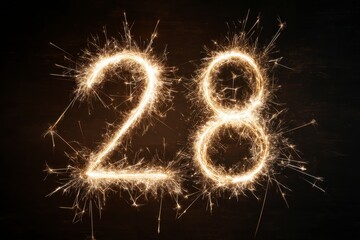 Sparkler Number 28 in Bright Glow on Dark Background for Celebration