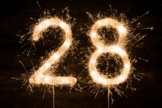 Sparkling Number 28 with Glittering Fireworks on Dark Background