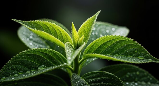 Close-up view of dew-covered green leaves in a dark setting showcasing nature's beauty and vitality