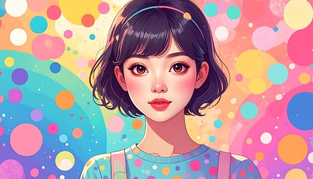 An anime-style girl with short black hair set against a whimsical backdrop of colorful, overlapping circles