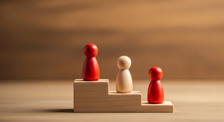 Wooden peg dolls stand on a three-step podium with red figures on the top and bottom steps, and a natural wood colored figure in the middle.