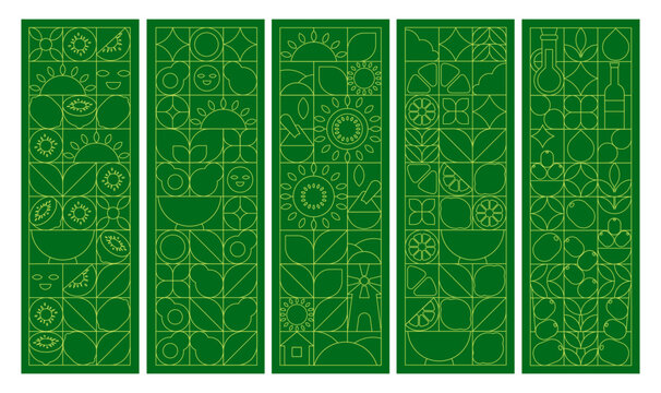 Organic food mosaic art deco illustration set. Flyers, bookmarks, packaging design in line art