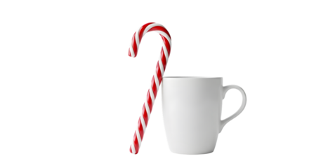 White mug and candy cane isolated on transparent background