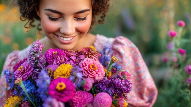 A joyful young woman holds a vibrant bouquet of flowers in a lush garden. The scene conveys happiness and appreciation for nature's beauty.