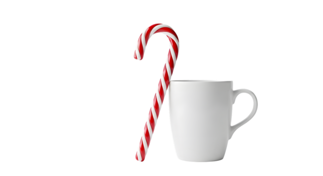 White mug and candy cane isolated on transparent background
