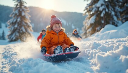 Children sled down snowy hill in winter sunlight. Kids enjoy winter fun sliding on sleds through snow. Friends play together on a cold day in a snowy landscape, pure joy.