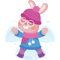 Cute Pink Rabbit Wearing Blue Coat Pink Scarf Knitted Hat Making Snow Angel on Transparent Background