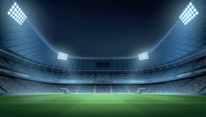 Brightly lit modern stadium with green grass and full audience  Description: © magr80