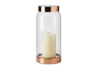 Isolated Candle in Glass Hurricane Lantern with Copper Accents, Home Decor Item